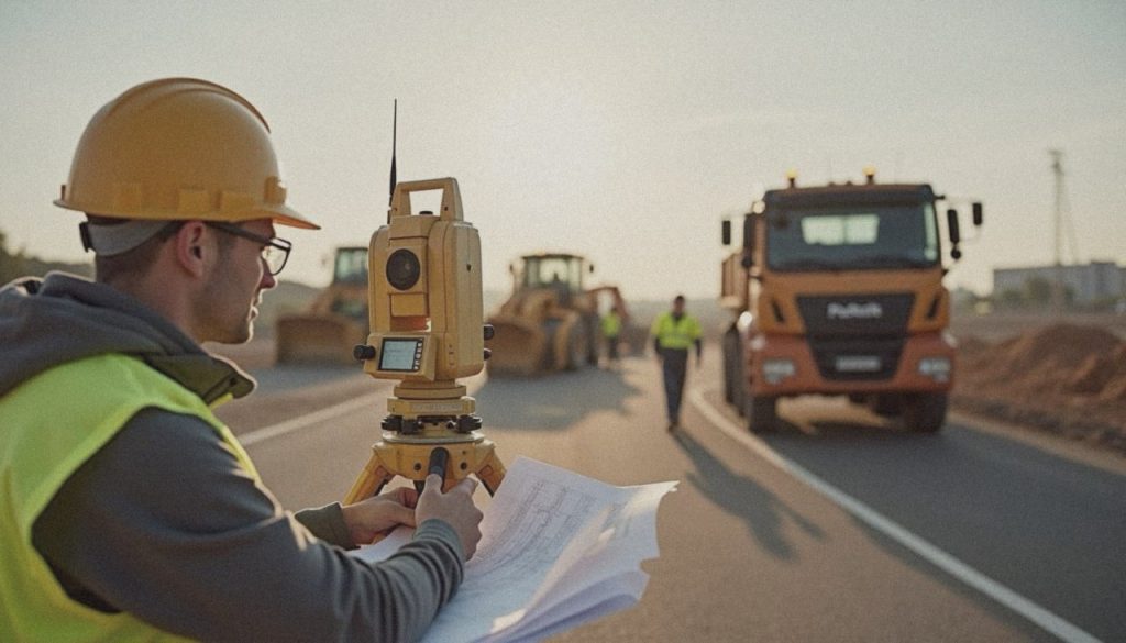 Vermesser mit Totalstation auf einer Baustelle