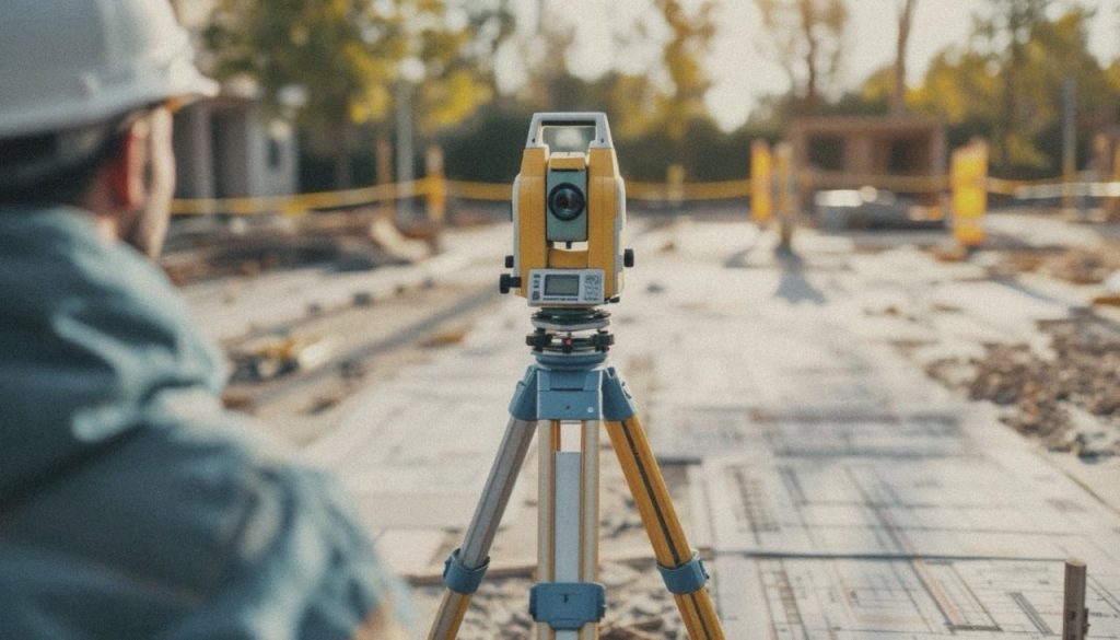 Vermesser mit Totalstation auf einer Baustelle