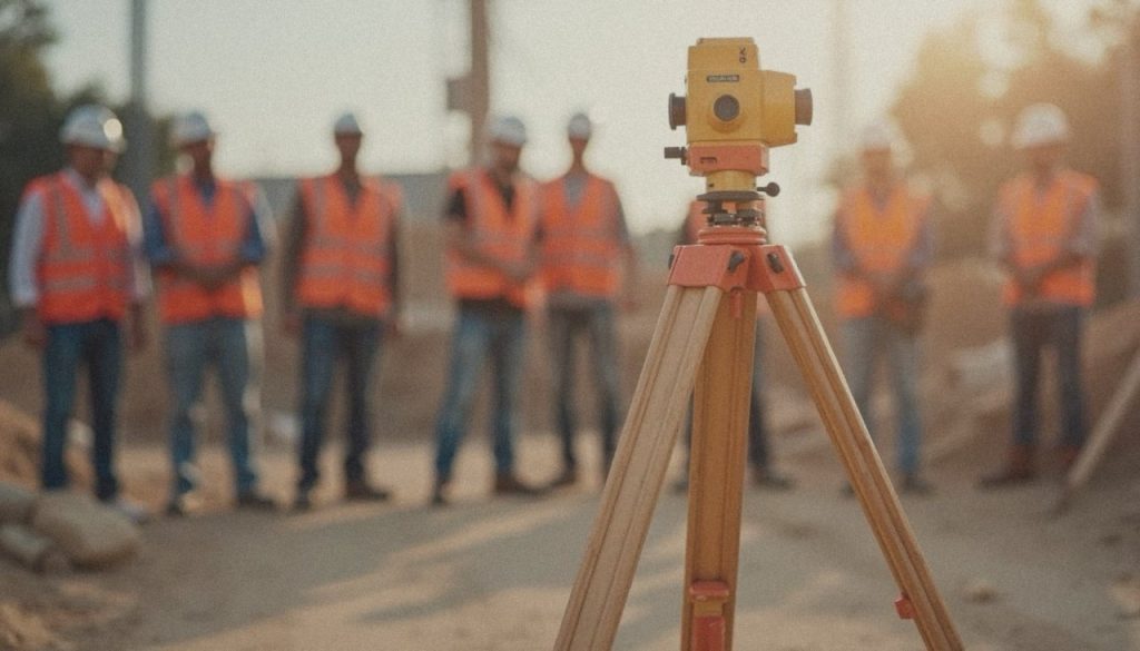 Vermessungsteam mit Messgeräten auf einer Baustelle